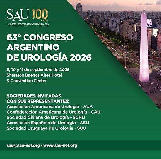 9 al 11 de septiembre de 2026. 63° Congreso Argentino de Urología. Buenos Aires Sheraton Hotel & Convention Center. Organizado por la Sociedad Argentina de Urología (SAU).