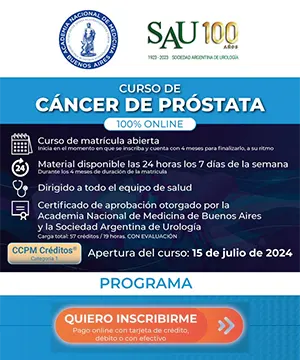 A partir del 15 de julio de 2024. Curso de Cáncer de Próstata. Virtual. Organizado por la Academia Nacional de Medicina de Buenos Aires y la Sociedad Argentina de Urología (SAU). Carga horaria: 57 créditos / 19hs. Con evaluación. Curso de matrícula abierta, comienza en el momento de la inscripción y se dispone de 4 meses para finalizarlo.